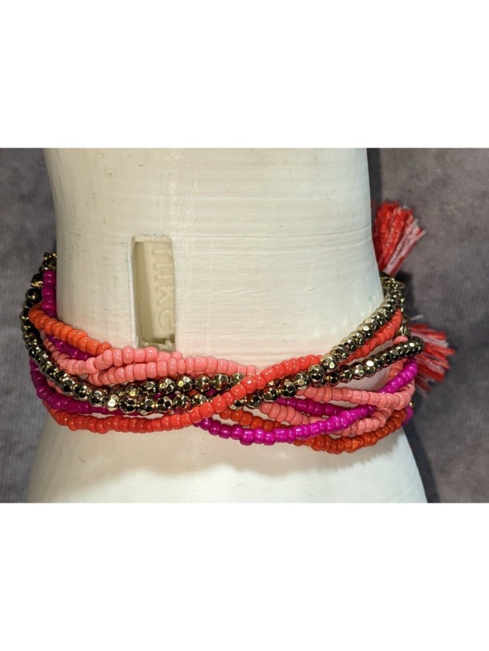 Boho BaubleBar Multistrand Seed Bead Tassel Bracelet Pink Coral Gold